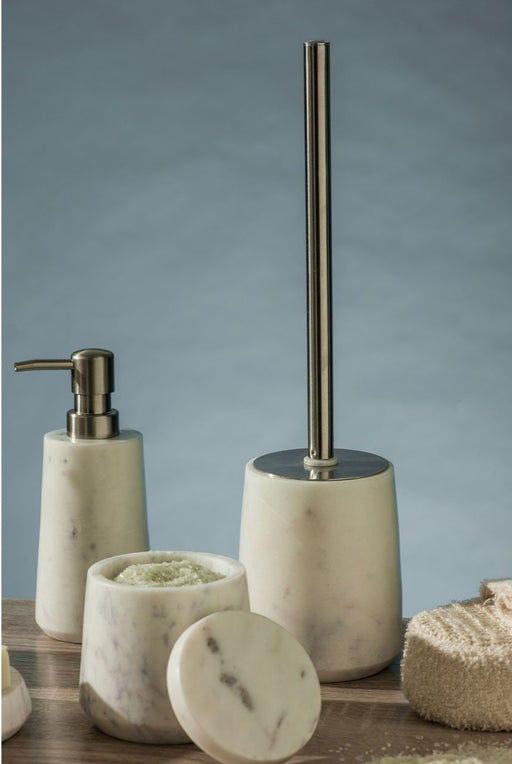 White marble toilet brush with a chrome handle, complimented with matching dispenser and jar