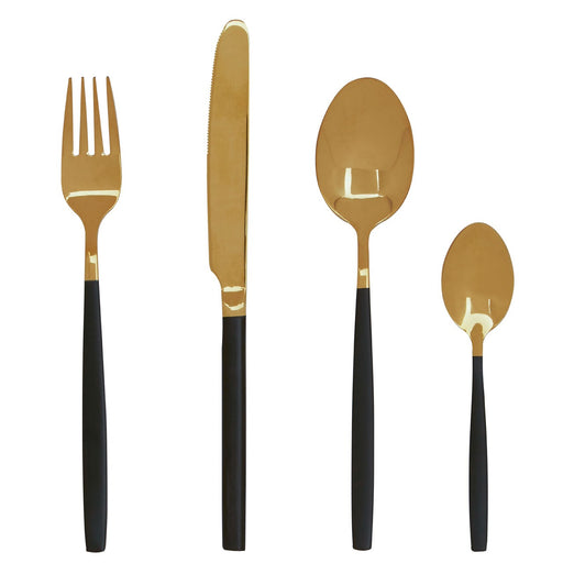 Black and gold cutlery set, includes fork , knife and spoons