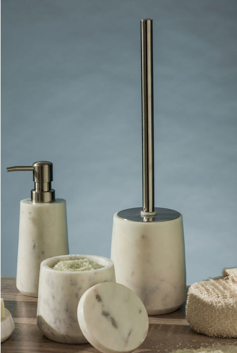 White marble toilet brush with a chrome handle, complimented with matching dispenser and jar