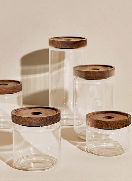 Glass storage jars with acacia wood lids